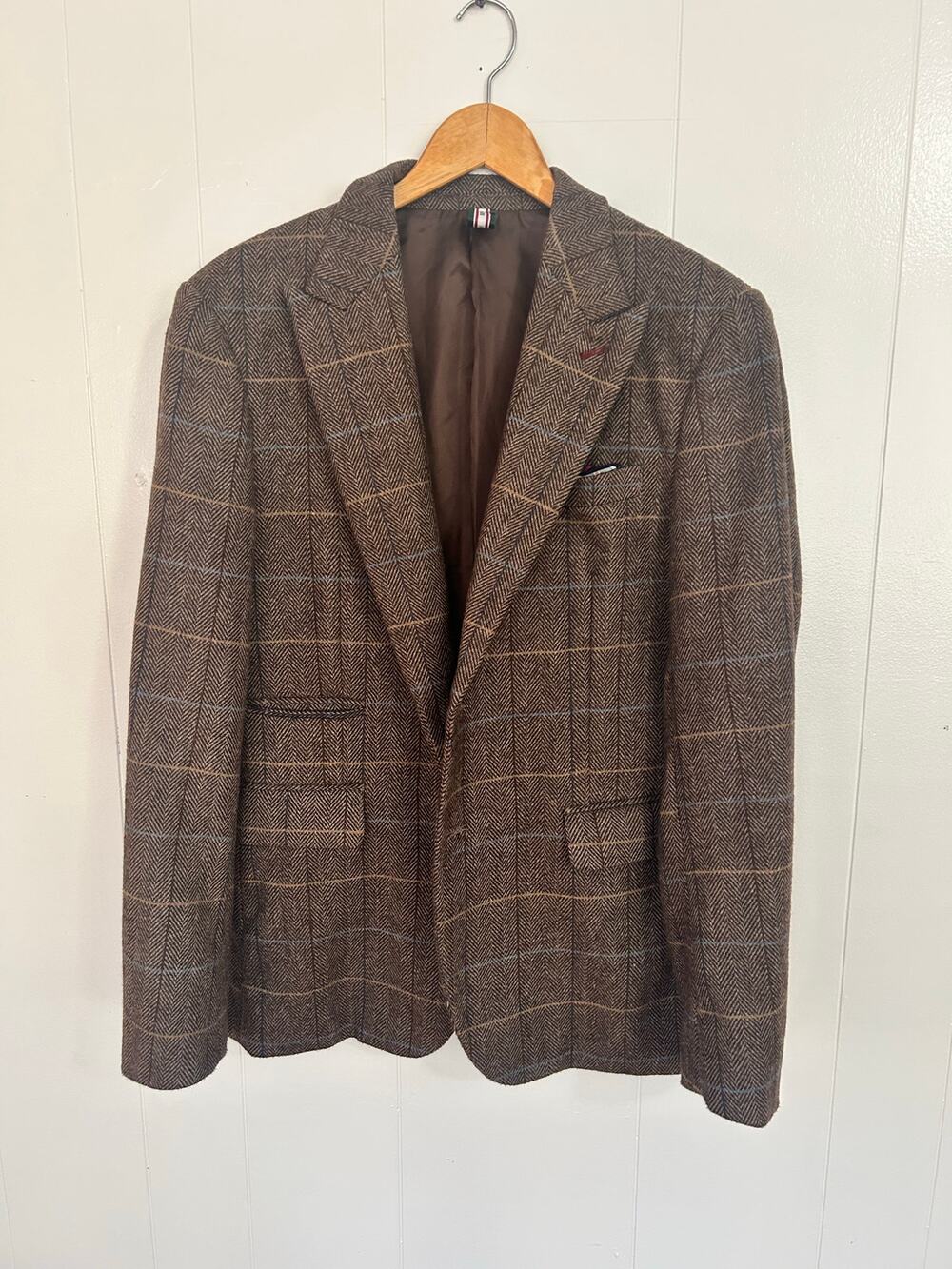 PJ Paul Jones Blazer Wool Blend Men's Small Brown Blue Grid Pattern XC Fast Ship